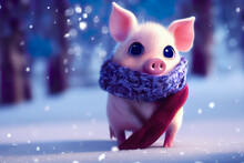 Cute Pig In The Snow, Cute Pig Wearing A Scarf In A Snowy Landscape, Winter, Greeting Card, Adorable Piglet, Cold Snowing Winter, Merry Christmas, Season, Illustration, Digital