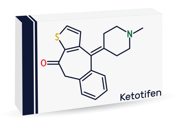 Poster - Ketotifen, histamine H1 receptor blocker molecule. It is used to treat atopic asthma, allergic conjunctivitis. Skeletal chemical formula. Paper packaging for drugs