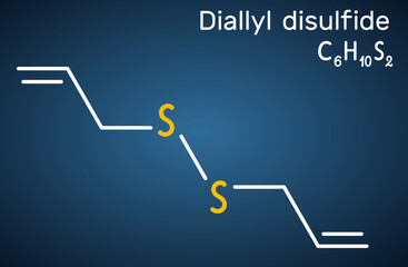 Wall Mural - Diallyl disulfide, DADS molecule. It is organic disulfide, found in garlic and other species of the genus Allium. Structural chemical formula on the dark blue background