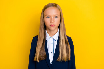 Sticker - Photo of serious strict schoolgirl with straight hairdo wear blue blazer get ready for school isolated on yellow color background