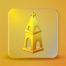 Gold Christian Church Tower Icon Isolated On Yellow Background. Religion Of Church. Silver Square Button. 3D Render Illustration.