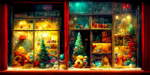 A Brightly Decorated Christmas Toy Store Window Is A Great Way To Add Some Festive Cheer To Any Room. This Retro Style Store Front Is Very Colorful And Will Draw The Eye Of Passersby.