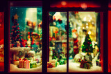 Fototapeta  - The Toy Store's window is decorated with festive lights and symbols of winter, giving it a retro and vintage look. It's perfect for a background that will draw the eye.