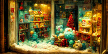 The Toy Store's Window Is Decorated With Festive Lights And Symbols Of Winter, Giving It A Nostalgic And Vintage Look. It's Perfect For A Background That Will Draw The Eye.