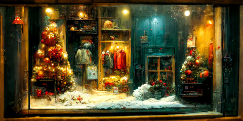 Clothing store or bazaar decorated for the Christmas holiday, with garlands and Christmas trees. Vintage and retro style of big American cities, giving a feeling of security and sharing.