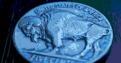 Wall Mural - us nickel. coin 5 five cents close up. blue tinted pasteurization stories with american bison. buffa