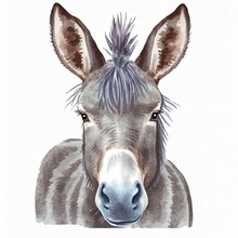 Cute Watercolor Grey Donkey On White Isolated