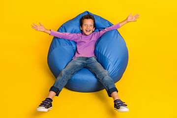 Poster - Full size portrait of carefree overjoyed boy sit bag have good mood isolated on yellow color background