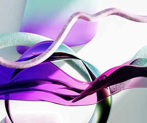Poster - Flying abstract figures. Cloth fabric gradient waves abstract background. Iridescent glass wavy surface. Liquid surface, ripples, reflections. 3d render illustration.