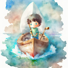 An Adorable, Beautiful Baby Boy In A Boat, Watercolor, Portrait, Splash Of Pastel Colors, Happy, Fun AI Concept Generated Finalized In Photoshop By Me