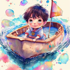 an adorable, beautiful baby boy in a boat, watercolor, portrait, splash of pastel colors, happy, fun AI concept generated finalized in Photoshop by me