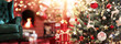 Leinwandbild Motiv Christmas tree with toys and gifts on the background of a fireplace with fire. Magical room with the throne of Santa Claus