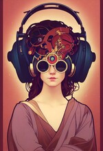 Steampunk Art Nouveau Headphone Woman. Vintage Poster Image. [Digital Art Painting, Sci-Fi Fantasy Horror Background, Graphic Novel, Postcard, Or Product Image]