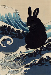 Wall Mural - Black rabbit in ocean, Hokusai style, AI generated image