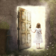 Little Girl Walking Thru Enchanted Doorway To Magical Mystical Places, Digital Art, Nursery Decor, AI Concept Generated Finalized In Photoshop By Me