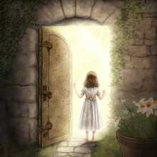 Little Girl Walking Thru Enchanted Doorway To Magical Mystical Places, Digital Art, Nursery Decor, AI Concept Generated Finalized In Photoshop By Me