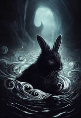 Wall Mural - Black rabbit in deep water in water swirls, fantasy art, AI generated image