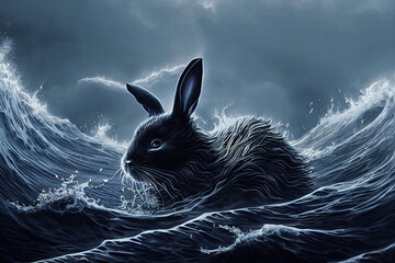 Wall Mural - Black rabbit in ocean waves, Year of the Black Water Rabbit, AI generated image