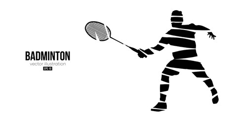 Abstract silhouette of a badminton player on white background. The badminton player man hits the shuttlecock. Vector illustration