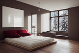 Fototapeta  - Red and white winter bedroom, interior design, digital art