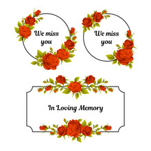 Funeral Red Rose Frame With We Miss You Quote And Inscription Vector Set