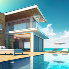 Wall Mural - Luxury beach house and sea view swimming pool near empty grass floor deck in modern design, Vacation home or hotel for big family with blue sky background 3d illustration of holiday villa exterior