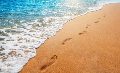 Wall Mural - footprints on the beach with golden sand