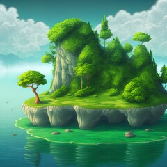 Canvas Print - A Little Island in the Middle of the Lake inside the Deep Forest. Video Game's Digital CG Artwork, Concept Illustration, Realistic Cartoon Style Background