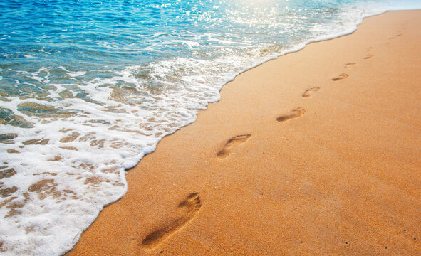 Fototapete - footprints on the beach with golden sand