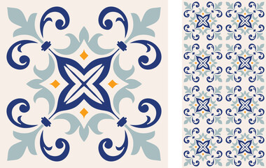 Wall Mural - Seamless Azulejo tile. Portuguese and Spain decor. Ceramic tile. Seamless Floral pattern. Vector hand drawn illustration, typical portuguese and spanish tile