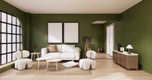 Minimalist Green Living Room Muji Style Interior Design Have Sofa Wabisabi And Decoration Japandi. 3D Rendering