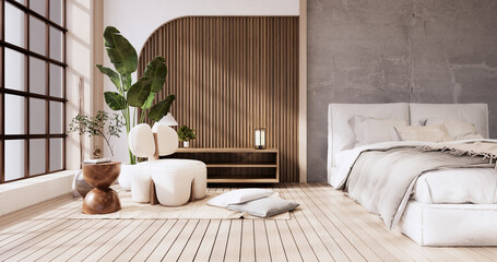 Minimalist wabi sabi interior mock up design, room muji sytle. 3D rendering.