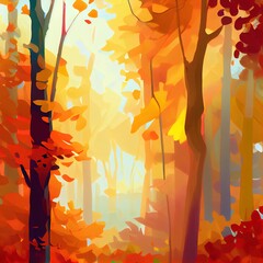 Sticker - Abstract painting of colorful forest in autumn in warm tone