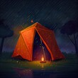 A single orange tent at night, in this cartoon illustration it is raining.