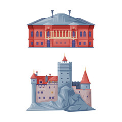 Sticker - Romania Bran Castle and Building Made of Red Brick as Traditional Symbol and Object Vector Set