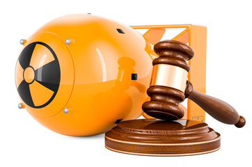 Wall Mural - Atomic bomb with wooden gavel, 3D rendering