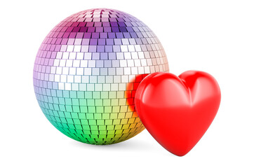 Poster - Mirror disco ball with red heart, 3D rendering