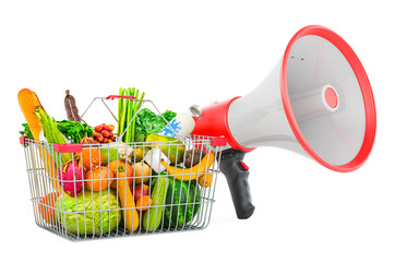 Poster - shopping basket full of products with megaphone. 3d rendering