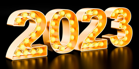 Leinwandbilder - 2023 signboard from golden light bulb, 3D rendering