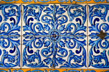 Geometric Seamless Andalusian Moroccan Islamic Arabic Single Floral Ornament Pattern In Blue Made Out Of Ceramic Tiles In Spain Sevilla