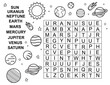 Space word search. Find words in a table. Educational crossword game. Printable activity worksheet. Coloring page. Solar system. Learning planets. Vector illustration.