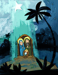 Wall Mural - cartoon illustration of the holy family traditional scene