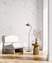 Interior Of Modern Living Room With Brass Coffee Table And White Armchair, Empty Marble Wall. Home Design. 3d Rendering