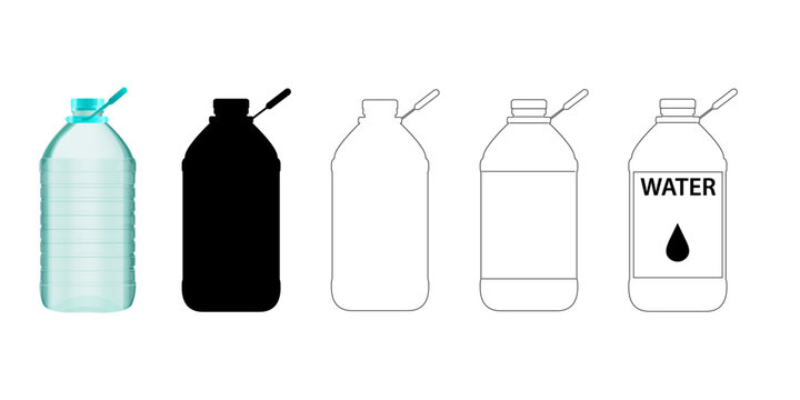 Set of plastic 5 litre or gallon bottles drawn in different styles: contour, silhouette, black and white, with label, and drawing