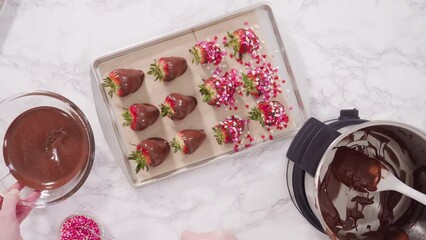 Wall Mural - Flat lay. Step by step. Garnishing chocolate dipped strawberries with sprinkles.