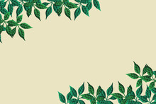 Light And Dark Green Leaves Grouped And Aligned At The Bottom Of The Image On A Light Yellow Background. Ecological And Tropical Art. Free Desktop Background To Work On Texts Or Images According To Th