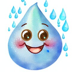 Wall Mural - Watercolor cute smiling water drop. Water character design.