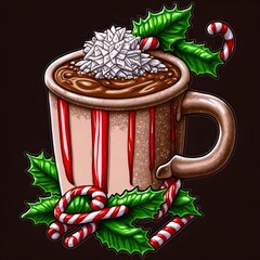 Sticker - Digital illustration of a fancy cute cartoon Christmas drink in a holiday glass