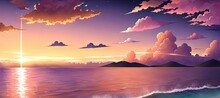Art For Anime Series. Ocean. Sunset. Cloud. AI Generated Art Illustration.
