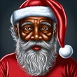 Digital illustration of a cartoon wrinkly black African Santa Claus face on a dark background